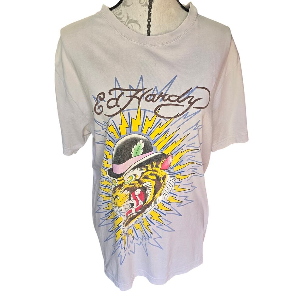 Ed Hardy Vintage Y2k Gray Tattoo Graphic T-Shirt Size Large